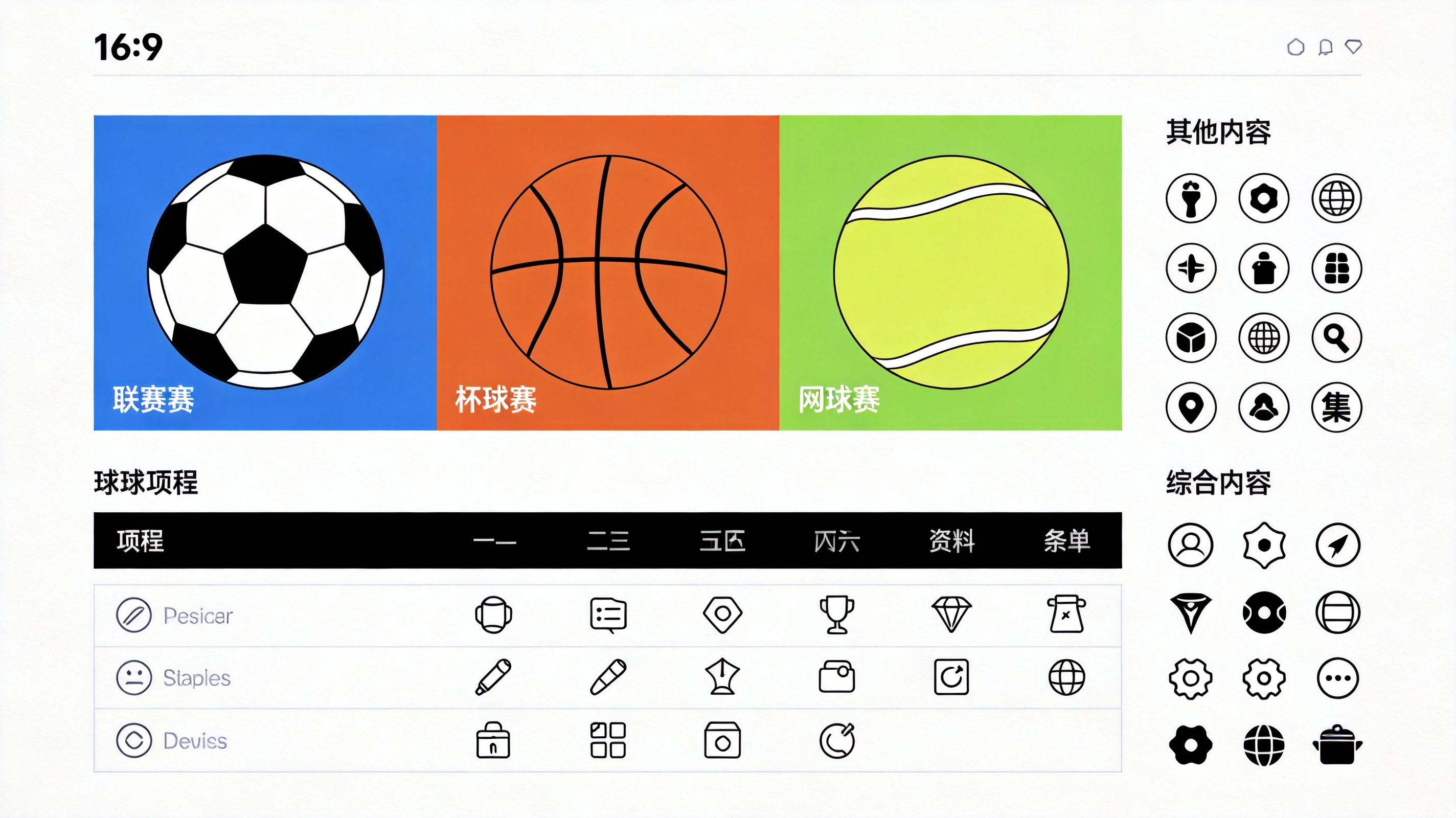 赛事覆盖模块配图：足球、篮球、网球三大项目与联赛杯赛分类并列排布的范围示意