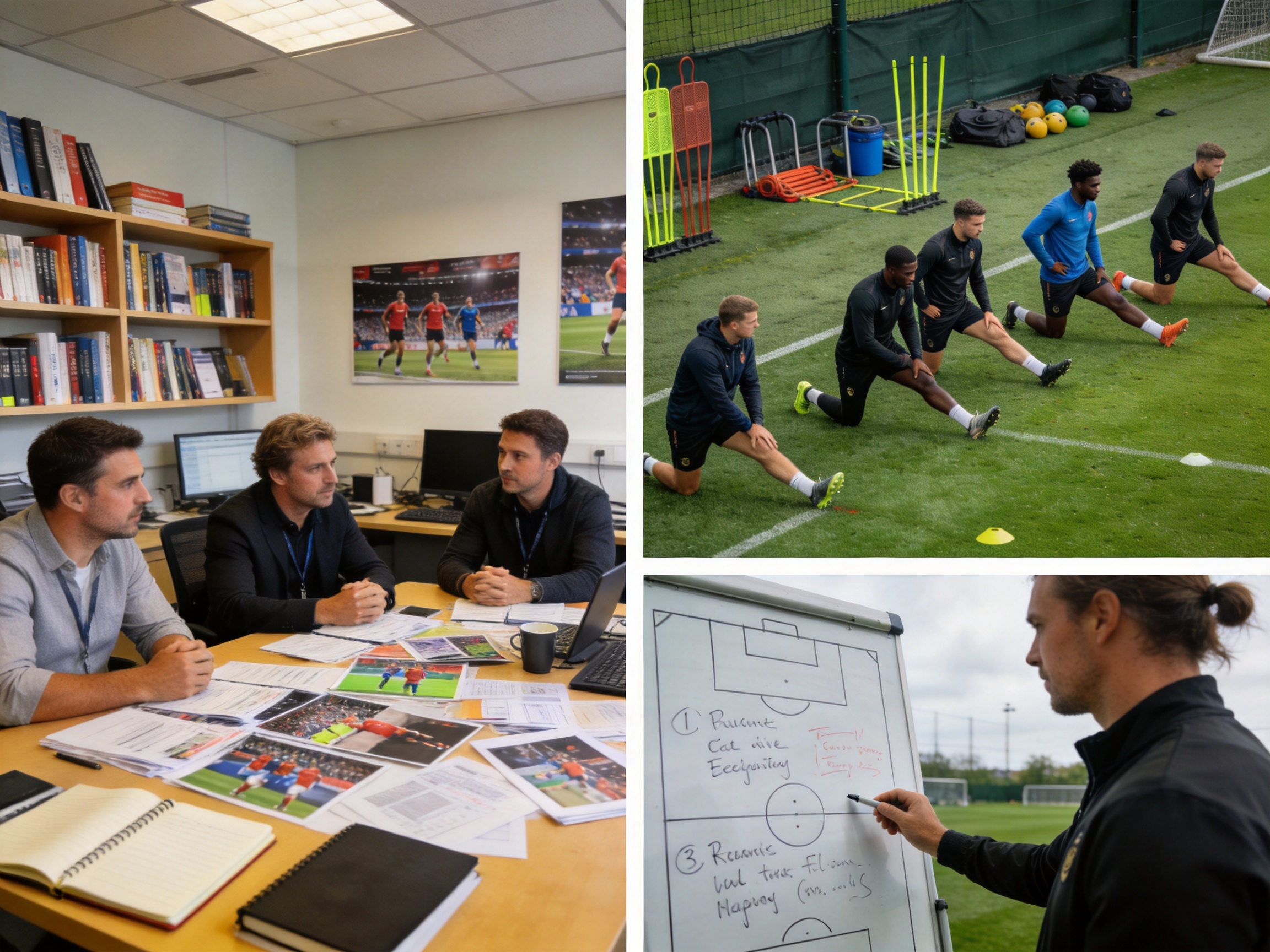 专题分析模块配图：赛事前瞻、赛后复盘与球队联赛专题内容并列编辑的资讯版面示意